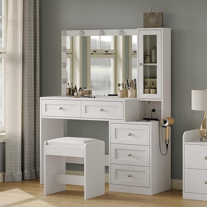 43" W Vanity Desk with Mirror & 11 Lights,Modern Makeup Desk with 5 Drawers & Cushioned Stool,3 Lighting Modes Brightness Adjustable,Power Outlet,Bedroom Dressing Table, White