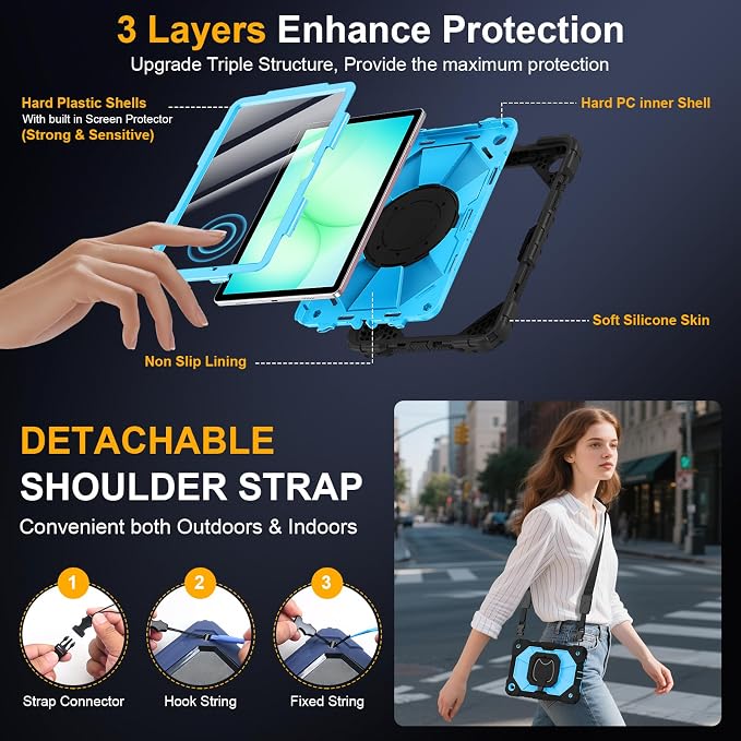 Case for Samsung Galaxy Tab A9 Plus 11 Inch 2023 Ubearkk Rugged Case for Samsung Galaxy A9+ Tablet SM-X210/X216/X218 with Screen Protector 360 Rotating Stand Shoulder Strap Pen Holder Black