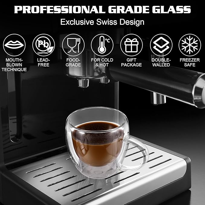 Clear Glass Double Wall Insulated Round Coffee Mugs Set of 2 Pieces - Small Size 5.5oz Best Reusable Coffee Mug for Home Cafe Restaurant Perfect for Espresso Capucinno Lungo Latte Coffee