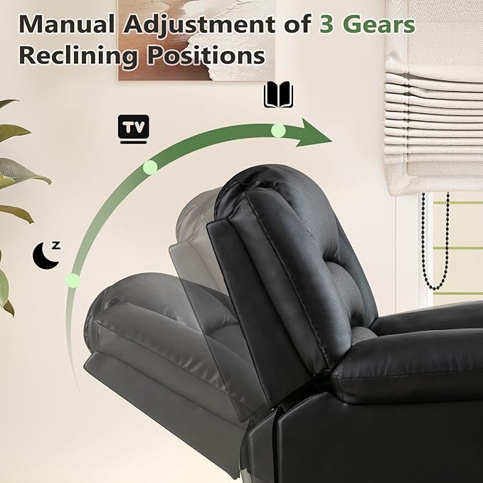 ANJ Black Recliner Chair with Overstuffed Arm and Back, Breathable Faux Leather Manual Reclining Chairs, Living Room Single Sofa Recliners