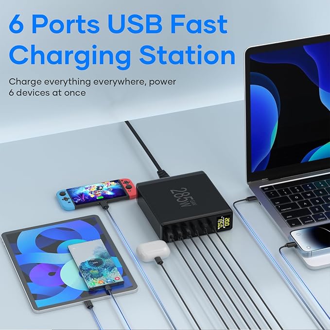 YSYFAD 6 Port USB C Charging Station with Digital LCD Display - GaN Fast 100W USB C Charger for MacBook Laptops, iPad, iPhone, Samsung - Black