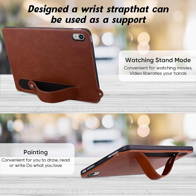 Slim Case for Apple iPad 10th Generation 10.9 Inch 2022 PU Leather Lightweight Hand Strap Stand Feature Drop Protection Back Cover for iPad 10th Gen 10.9 Black