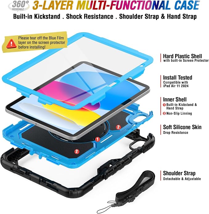 Case Compatible with iPad (A16) 11th 2025/10th Gen 2022 | Built-in Screen Protector Pen Holder Heavy Duty Shockproof Rugged Protective Case W/Handle Shoulder Strap