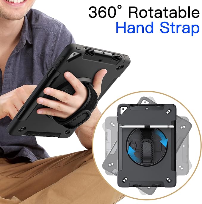 JETech Rugged Case for iPad 9th/8th/7th Gen 10.2 Black | Built-in Screen Protector 360° Rotating Hand Strap Stand Heavy Duty Shockproof Protection