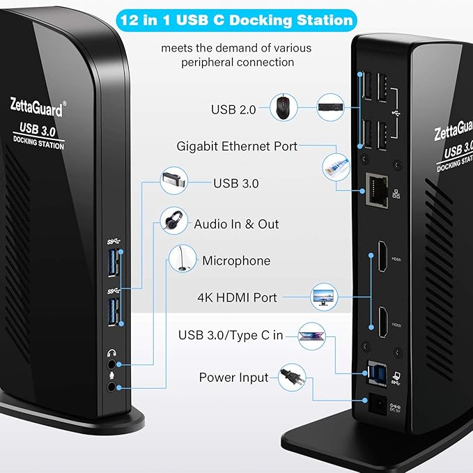 ZettaGuard USB 3.0 and USB-C Universal Laptop Docking Station for Windows and Mac (Dual 4K Video HDMI, Gigabit Ethernet, 6 USB 3.0 Ports, 3.5 mm Audio)