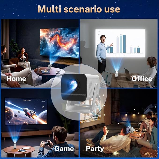 Mini Projector with WiFi 6 and Bluetooth 5.4 Built-in Apps Portable Projector Android 11 Auto Keystone 1080P 4K Support for Bedroom Outdoor Compatible with iOS/HDMI/TV Stick VisualCube 300