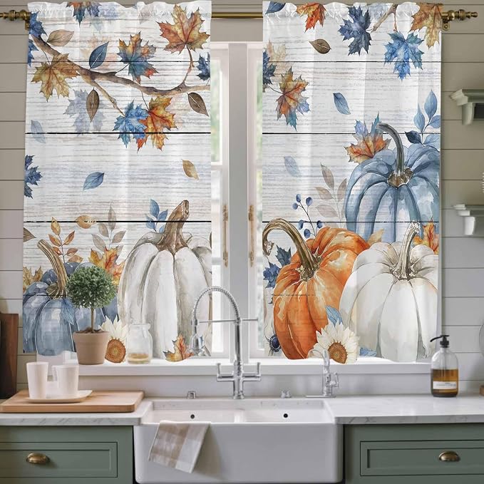 Thanksgiving Pumpkin Window Curtains 63 Inch Long 2 Panel Set, Rod Pocket