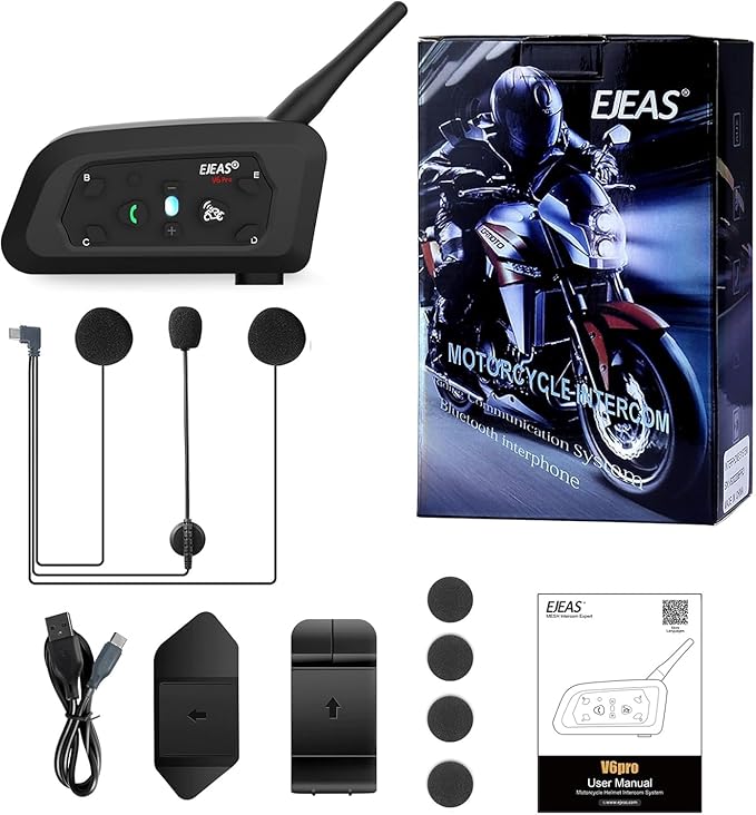 EJEAS V6 Pro Motorcycle Bluetooth Headset, Upgraded 2 Riders Intercom Helmet Communication System with Auto-Answering Call and Noise Reduction for Motorcycling Skiing and Climbing (1 Pack)