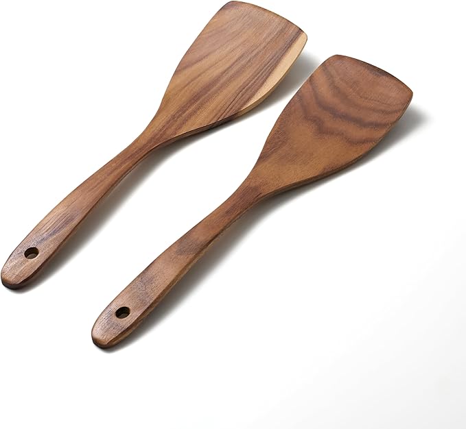Wooden Spatula for Cooking, 2Pcs Teak Wooden Utensil Set, Bamboo Spatulas for Cooking, Teak Cooking Utensils, Wood Turner
