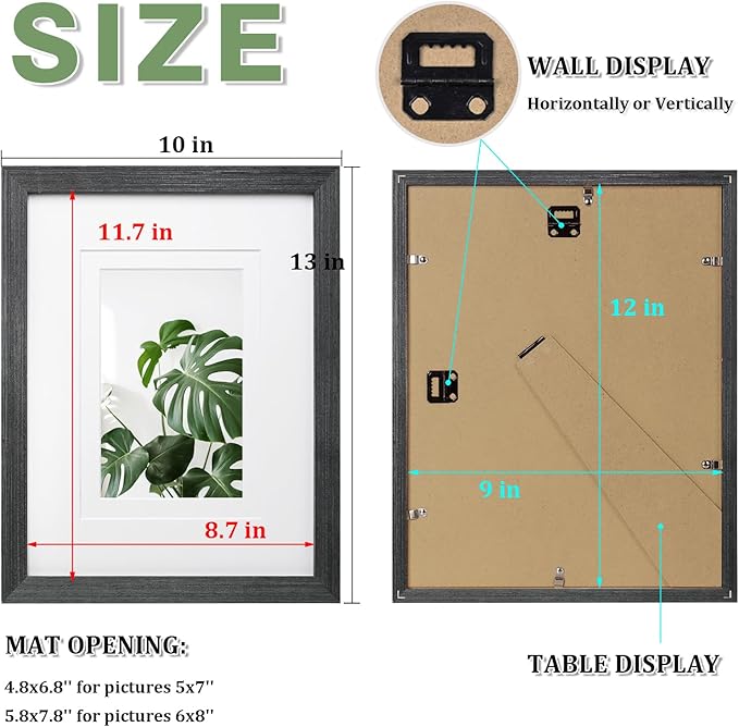 Egofine 9x12 Picture Frame Made of Solid Wood with Plexiglass, Display Pictures 5x7/6x8 with Mat or 9x12 Without Mat for Tabletop and Wall Mounting, Rustic Black