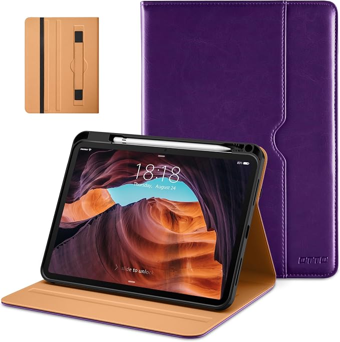 DTTO for iPad (A16) 11th Generation 11-inch &amp 10th Gen Case Brown | Premium Leather Business Cover with Pencil Holder Hand Strap &amp Pocket Corner Protection Auto Sleep/Wake for Work &amp