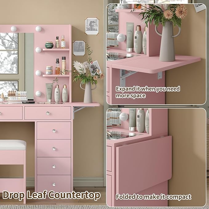 Vanity Desk with Power Outlet, Makeup Table with Mirror and 12 LED Lights, 3 Color Lighting Modes, 11 Drawers Makeup Vanity with 4 Shelves, Fold-up Panel, Vanity Set for Bedroom, Pink