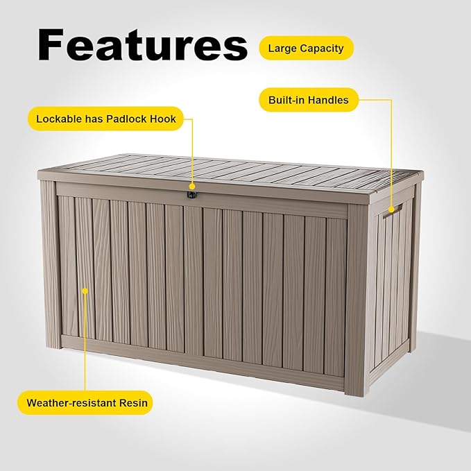 Vixzen 150 Gallon Resin Deck Box, Lockable Outdoor Storage Box for Patio Cushions Storage Furniture,Garden Tools, Pool Supplies, Weatherproof and UV Resistant- Light Brown