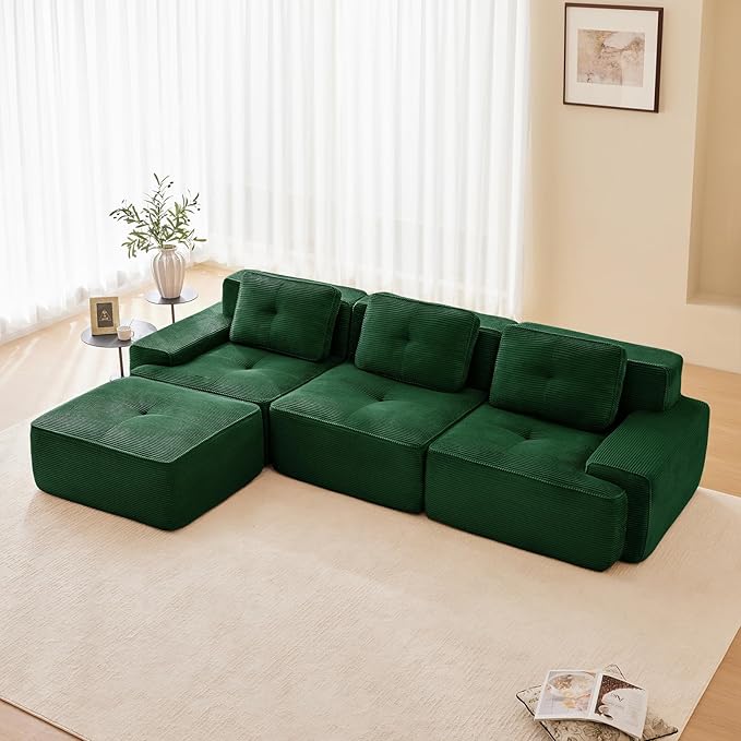 115" Modern Corduroy Cloud Sofa with Ottoman, L Shaped Boneless Modular Large Sectional Couches for Living Room, Green 3 Seater Compressed Memory Foam Couch, Extra Deep Seat, No Assembly