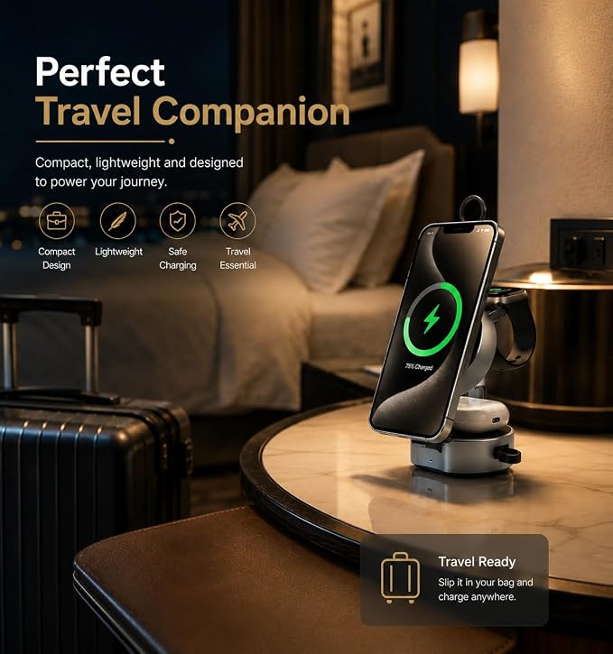 Wireless Charger Mini 3-in-1 | 15W Fast Charging Foldable Magnetic Desktop Charging Station for iPhone and Apple Watch