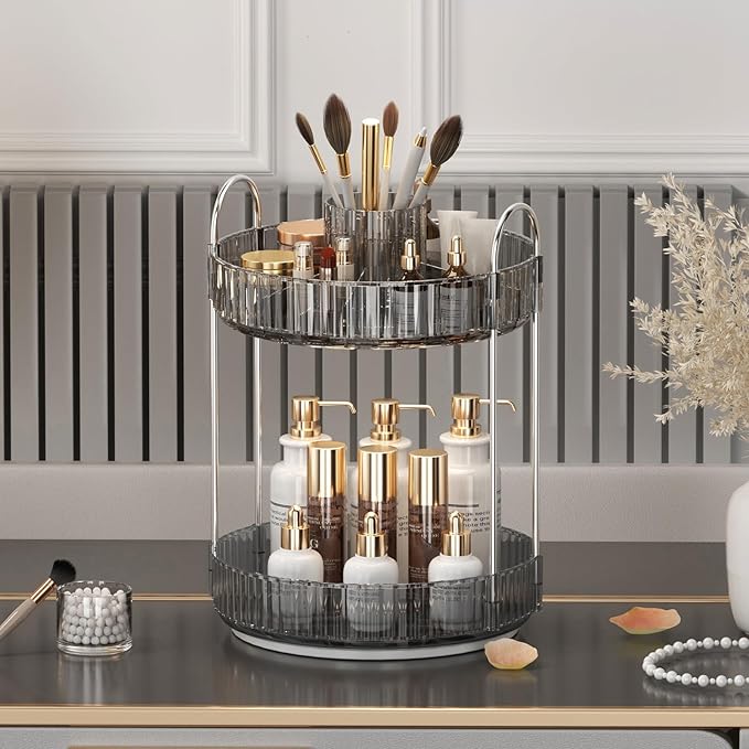 360° Rotating Makeup Organizer, Upgraded 2 Tier Skincare Perfume Organizers for Women, Bathroom Organizer Countertop, Clear Cosmetic Dresser Organizer with Makeup Brush Holder, Sink&Counter(Grey)