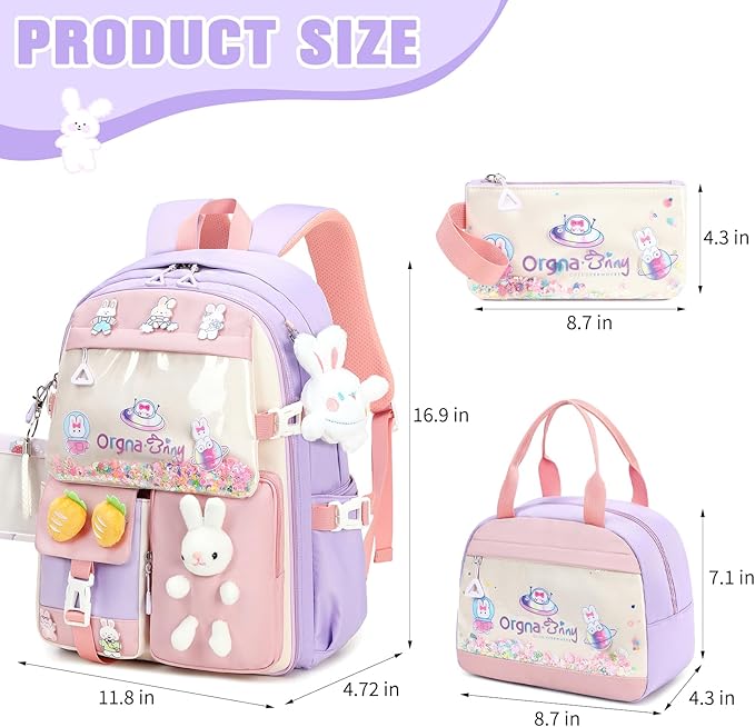 Backpack for Girls Cute Bookbag Set with Lunch Box Pencil Case Kawaii Bunny School Backpacks for Girl 3 Pcs Kindergarten Elementary Preschool Middle Sequin School Bag for Girls