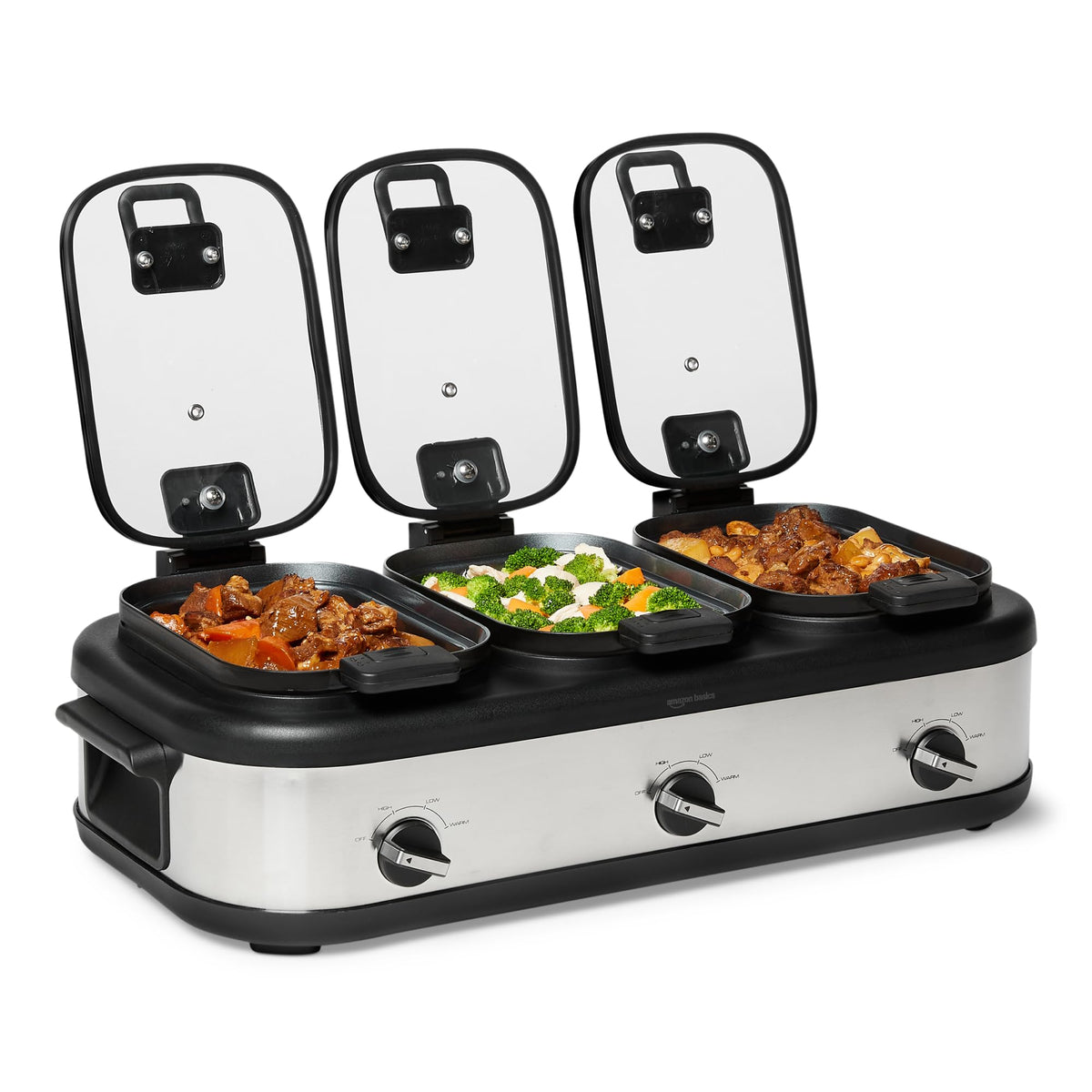 Amazon Basics Stainless Steel Triple Slow Cooker, Dishwasher Safe, Non-Stick, 3 x 2.5 Quarts, Removable Pots, Individual Temp Control, Tempered Glass Lids, for Party Entertaining