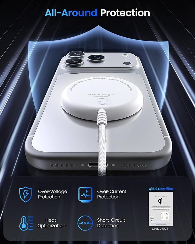 Magnetic Wireless Charger 5FT Qi2 25W Fast Charging Pad Compatible with MagSafe for iPhone Air/17e/17/16/15/14/13/12/Pro/Pro Max Series &amp AirPods 4/3/2/Pro &amp More (with 30W Adapter)
