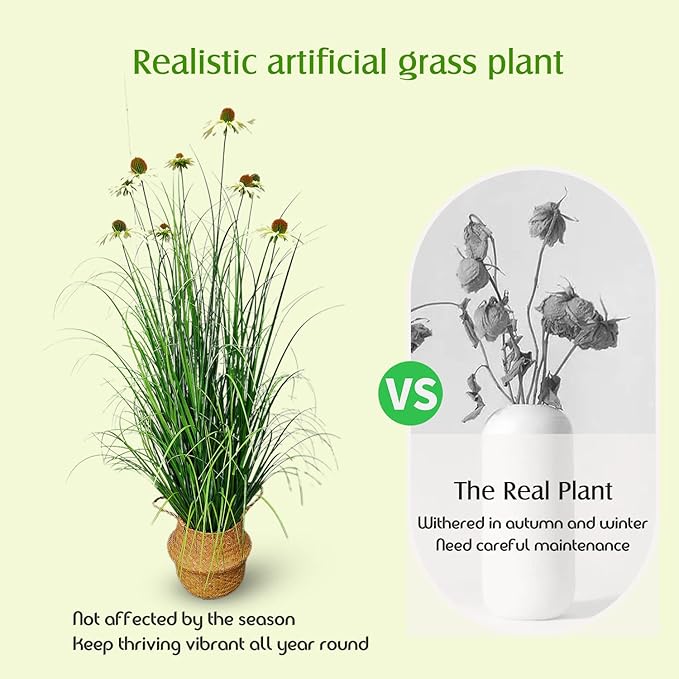 46" UV Resistant Artificial Grass Plant with 9 Realistic Purple Echinacea Flowers - Indoor/Outdoor Fake Plants for Patio, Living Room, Porch Decor - All Weather Faux Floor Plant 2-Pack