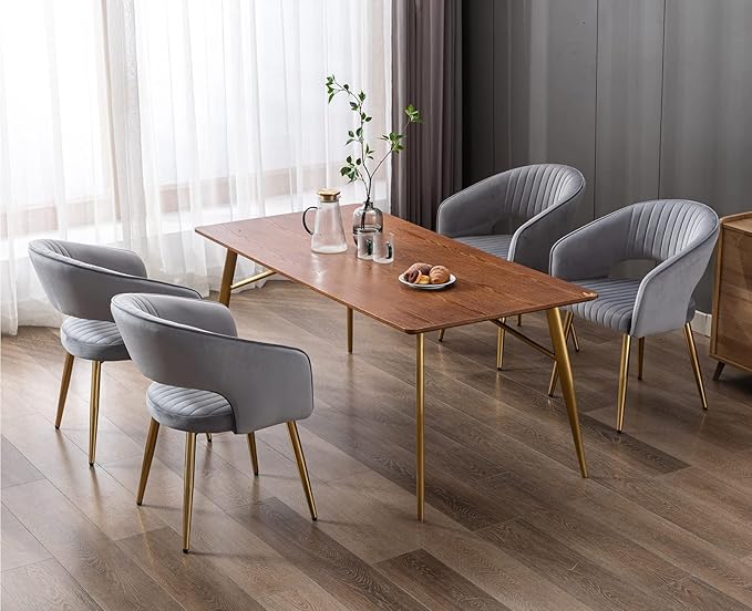 Modern Velvet Dining Chairs Set of 4, Upholstered Gold Dining Room Chairs with Hollow Back and Gold Legs, Accent Armrest Kitchen Chairs for Living Room Reception Grey