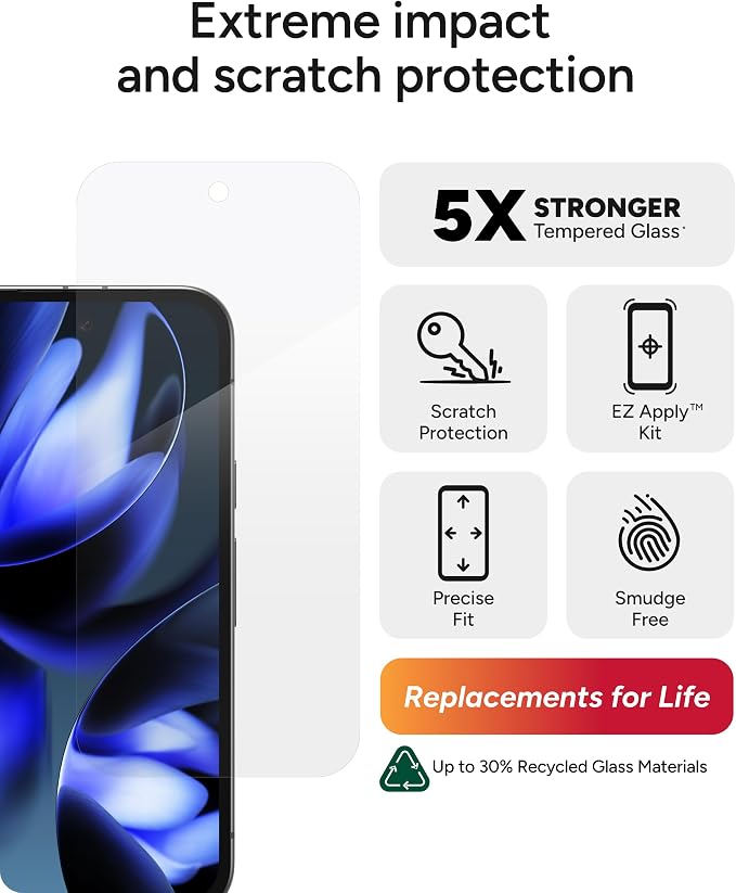 ZAGG Glass Elite Google Pixel 9a Screen Protector – Ultra-Strong Tempered Glass Scratch-Resistant EZ Apply Installation InvisibleShield Made with Recycled Materials
