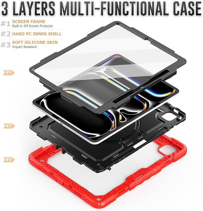 for iPad Pro 11 inch Protective Case M5 2025/M4 2024: Heavy Duty Shockproof Case with Pencil Holder - 360°Rotating Handle/Stand - Screen Protector - Shoulder Strap Black/Sky Blue
