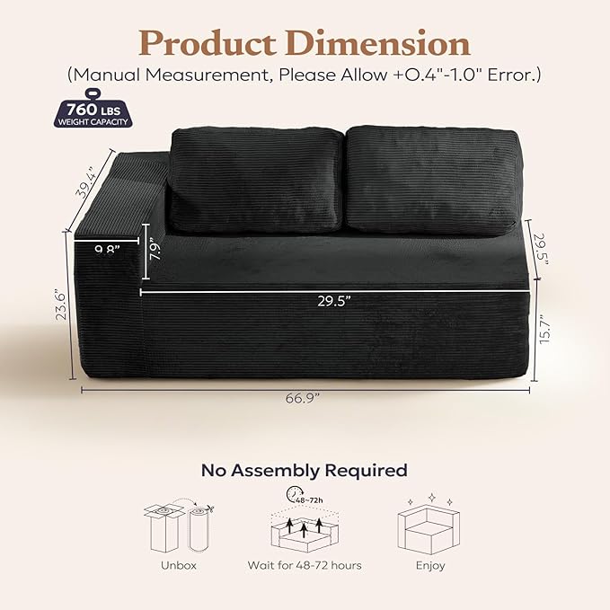 Loveseat Sofa, Cloud Modular Sofa Couch, Upholstered Floor Sofa with Deep Seat, Upholstered Foam Couch for Bedroom Living Room, No Assembly Required (Corduroy Fabric, Black)