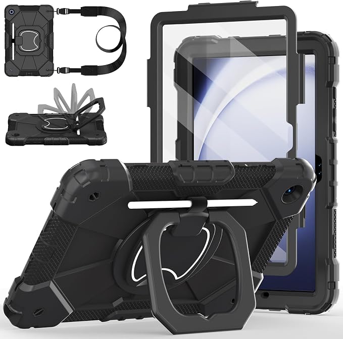Case for Samsung Galaxy Tab A9 Plus 11 Inch 2023 Ubearkk Rugged Case for Samsung Galaxy A9+ Tablet SM-X210/X216/X218 with Screen Protector 360 Rotating Stand Shoulder Strap Pen Holder Black
