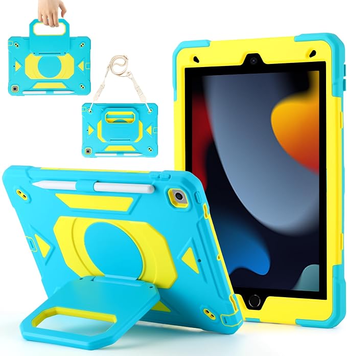 Case for iPad 9th Generation (2021) /iPad 8th Gen (2020)/iPad 7th Gen (2019) Military Grade Shockproof iPad Case Built-in 360°Rotating Stand/Pen Slot/Shoulder Strap for iPad 10.2 (Black)