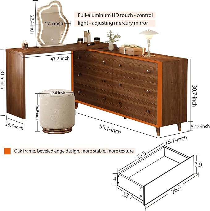 Makeup Vanity Desk Set with Cloud-Pattern HD Lighted Mirror and Stool, 60-100in Extendable Modern Vanity Table, 6-Drawer Solid Wood Frame Storage Cabinet, Bedroom Dressing Table, Brown