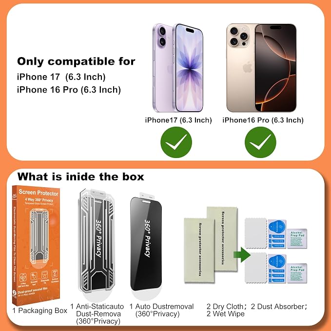 360° 4 Way Privacy Screen Protector for iPhone 16 Pro Max [2 Pack] Anti-Spy Tempered Glass 9H Hardness Shatterproof 3D Curved Edges Case-Friendly Bubble-Free Easy Installation