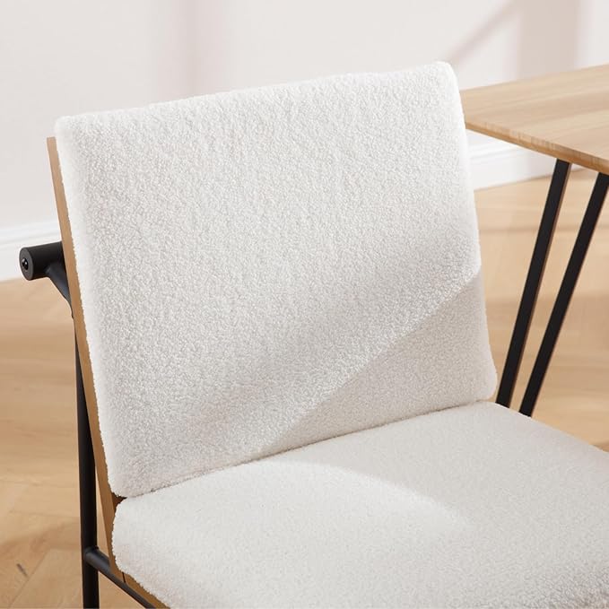 Modern Dining Chairs Set of 4, Comfy Sherpa Fabric Armless Upholstered Side Chairs with Wooden Backrest Black Metal Legs for Dining Room Living Room, White