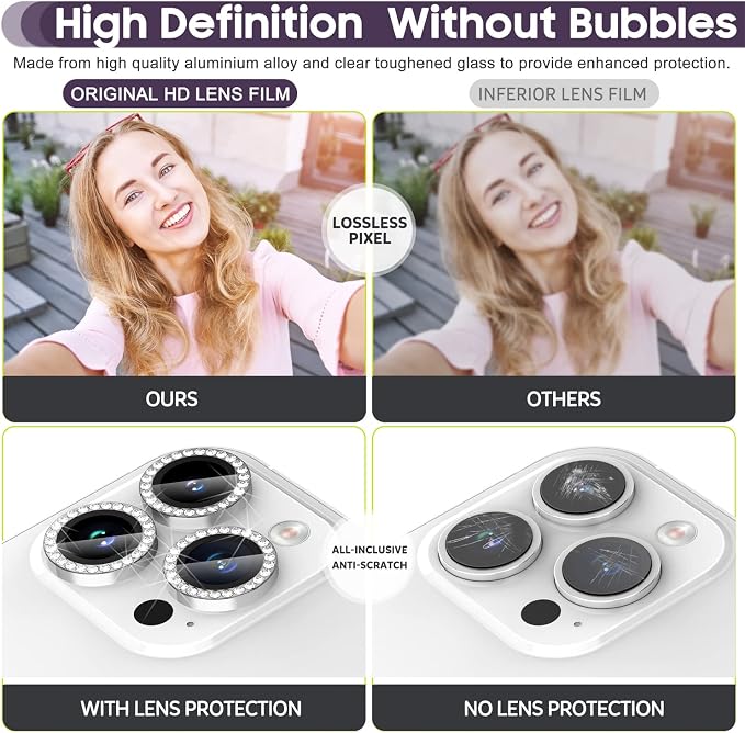 Suoman for iPhone 14 Pro Max / 14 Pro Camera Lens Protector [Diamonds Bling] 9H Tempered Glass Full Coverage Metal Protective Cover - Diamond Black