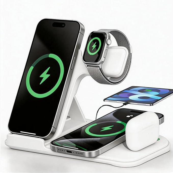 5 in 1 Wireless Charging Station for Multiple Devices Premium Fast Charging Stand for Apple Samsung Android Dual Phone Dock with USB Port for Desk Nightstand