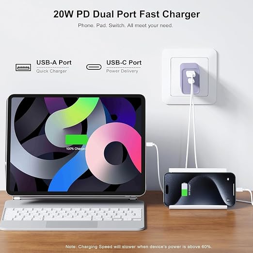 10FT iPhone 17/16e Fast Charger2Pack 20W Dual Port USB A+C QC Apple Adapter with 10 Foot USB C to C Fast Charging Cable Cord for iPhone 17Air/17Pro/17Pro Max/16/16Pro/15/15Pro/Pro Max/Plus(Blue/Pink)