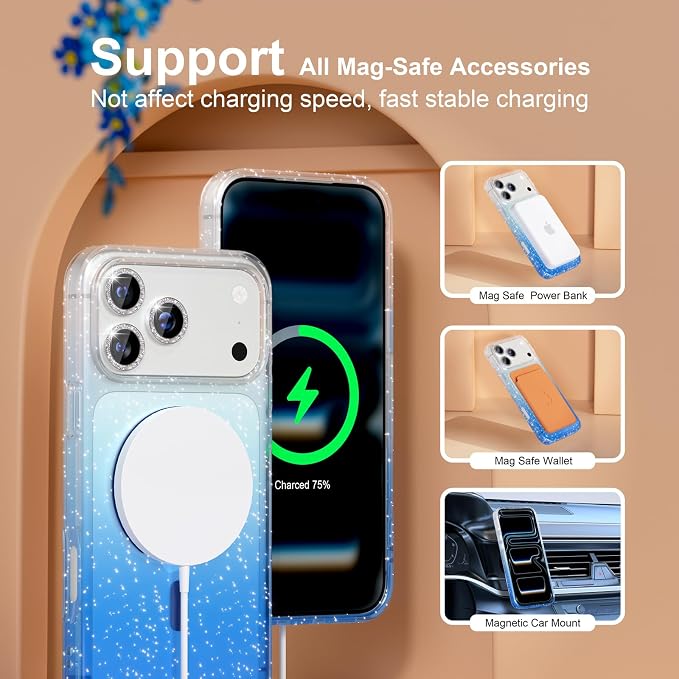 Choiche for iPhone 15 Pro Max Case Compatible with MagSafe Glitter Black | Women Girly Cute Glitter Sparkly Magnetic Phone Case with Diamond Camera Lens Protectors Military-Grade Drop Protection 6.7