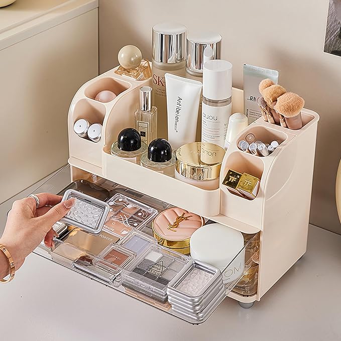 Anyoifax Makeup Organizer Countertop with Large Drawers, Vanity Organizer with Brush Holder, Skin Care Storage for Dresser, Perfume Organizer for Lotion, Lipsitck, Palette, Beige