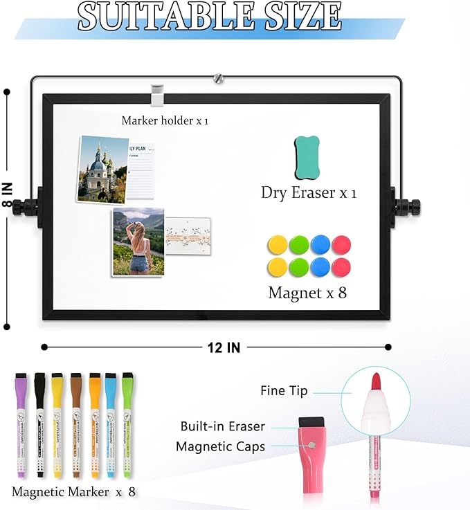 Dry Erase Magnetic White Board, 8" x 12" Black Aluminum Frame Double-Sided Desktop Whiteboard with Stand, Portable Small Whiteboard Set for Drawing, Office, Home, School