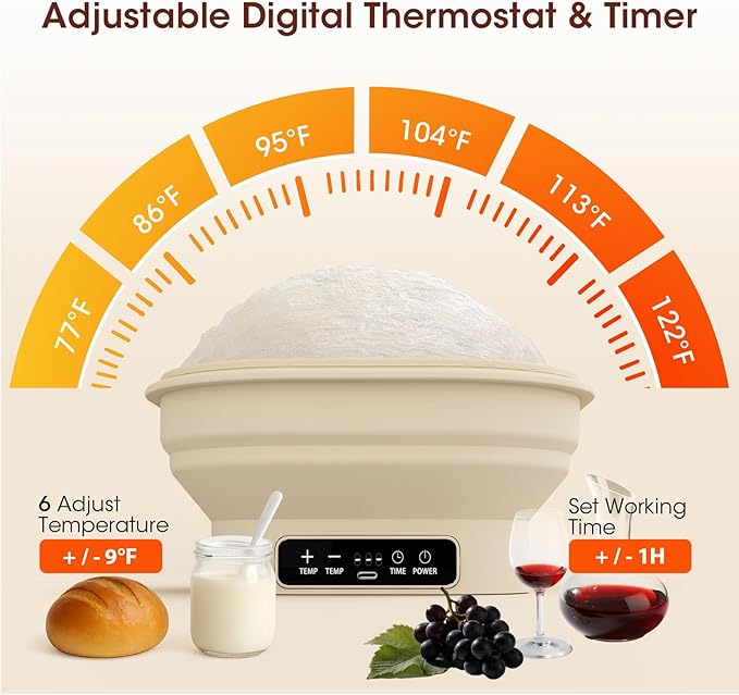 Upgrade Heating Sourdough Bread Proofing Basket Kit, Electric Thermostatic Silicone Banneton Baking Supplies, 6 Adjustable Temperature, 10 Inch Square Foldable Sourdough Proofing Bowl