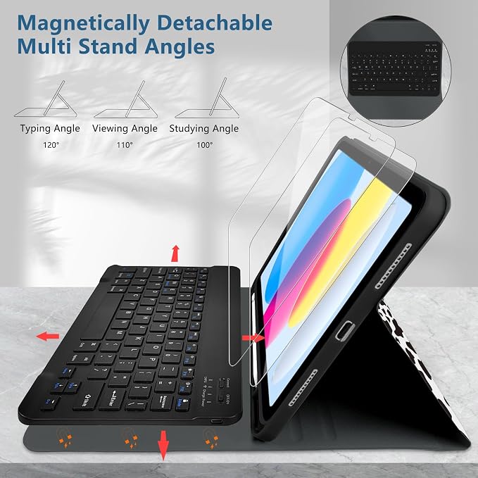 for Bluetooth Keyboard for iPad 10th Gen 10.9 inch (2022) case (A16) 11th / 10th Gen Case 11'' (2025) with 7-Color Backlights Pencil Holder Detachable Rechargeable - Black Cow