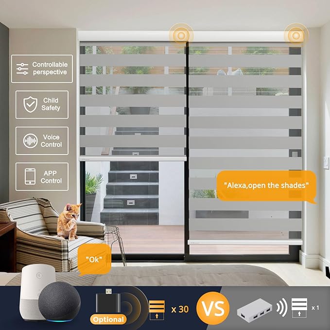 MUSCLEAREA Motorized Blinds with Remote, Cordless Automatic Zebra Shades, Smart Blind for Windows, Grey, 24 x 72