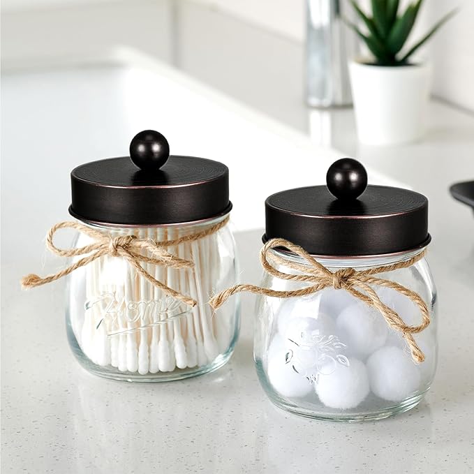 SheeChung Bathroom Decor, Bathroom Organizers and Storage, Qtip Holder, Vanity Decor, Cute Mason Jars for Cotton Swabs, Balls, Cotton Pads, Floss Picks (Oil Rubbed Bronze, 3 Pack)