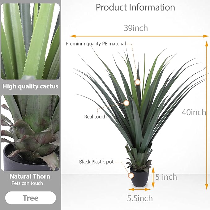 Artificial Spiked Agave Plant 40inch Faux Agave Plants for Front Porch Patio Indoor Outdoor Home Office Decor
