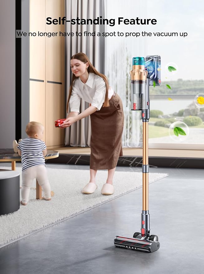 Cordless Vacuum Cleaner, 600W 50KPA 65 Mins Runtime Self-Standing Vacuum Cleaners for Home, Stick Vacuum with Charging Dock Station Removable Battery, Handheld Vacuum for Pet Hair/Carpet/Floor