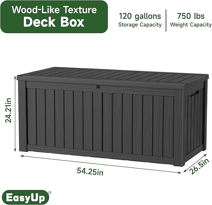 120 Gallon Outdoor Storage Box, Resin Waterproof UV-Resistant Deck Box with Hydraulic Lid Support, Reinforced Stability for Patio, Garden, and Poolside, Striped Black