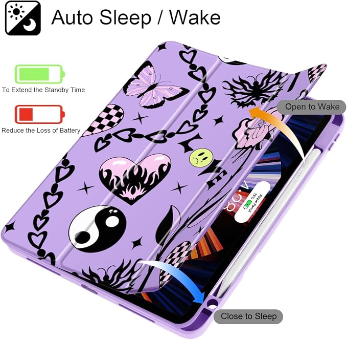 Case for iPad 12.9 Inch (6th/5th/4th/3rd Generation 2022/2021/2020/2018) Pencel Holder + Trifold Support Auto Sleep/Wake Transparent Shockproof Back Cover Abstract Floral SD163