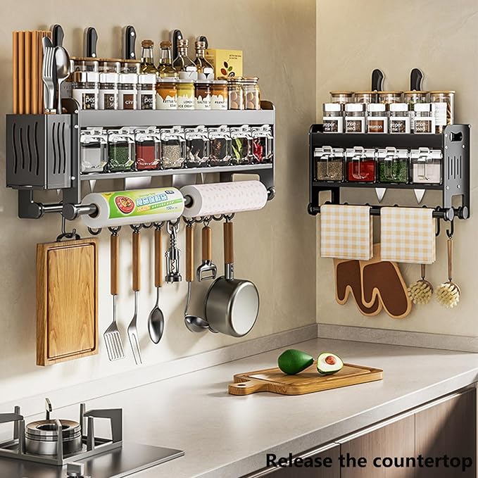 Hanging Wall Mount knife Wall Mount,Condiment Cup, Space-Saving Knife Rack with Hooks, Kitchen Organizer Storage Shelf for Utensils Spatula Spoon, Kitchen Utensil Hanger (Grey, 48cm+6Cups+10Hooks)