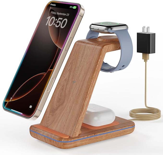 Wireless Charger Stand CIYOYO 3 in 1 Fast Wireless Charging Station Dock for Apple Watch 11/9/8/7/6/SE/5/4/3/2 Airpods 3/2/Pro iPhone 17/16/15/14/14 Plus/14 Pro Max/13/13 Pro/12/12 Pro/SE/X/XR/XS/8