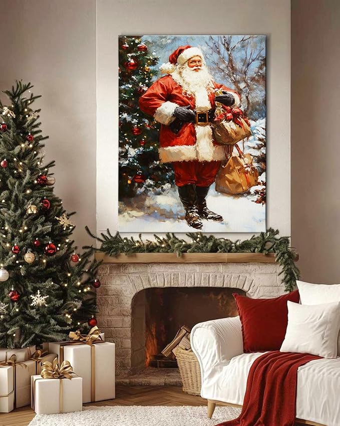 Vintage Santa Claus Christmas Canvas Wall Art - Festive Holiday Painting for Living Room,Bedroom & Bathroom, Cozy Winter Decor Framed Print, Perfect Christmas Gifts & Home Decoration